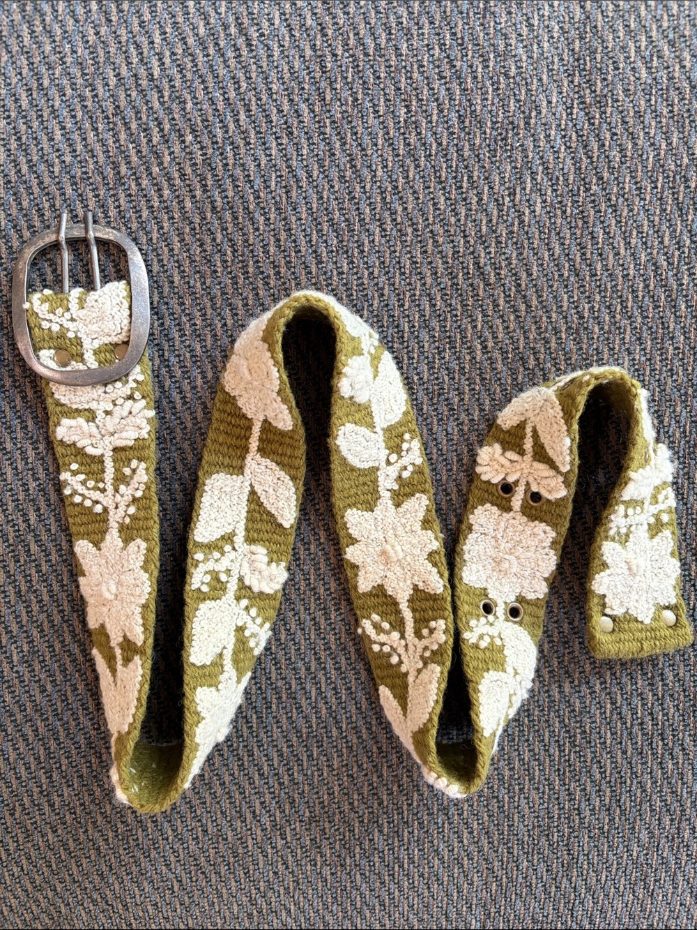 Pistil 100% Wool Sadie Belt Olive Green Peruvian Handwoven Embroidery, Size L/XL - Picture 2 of 6